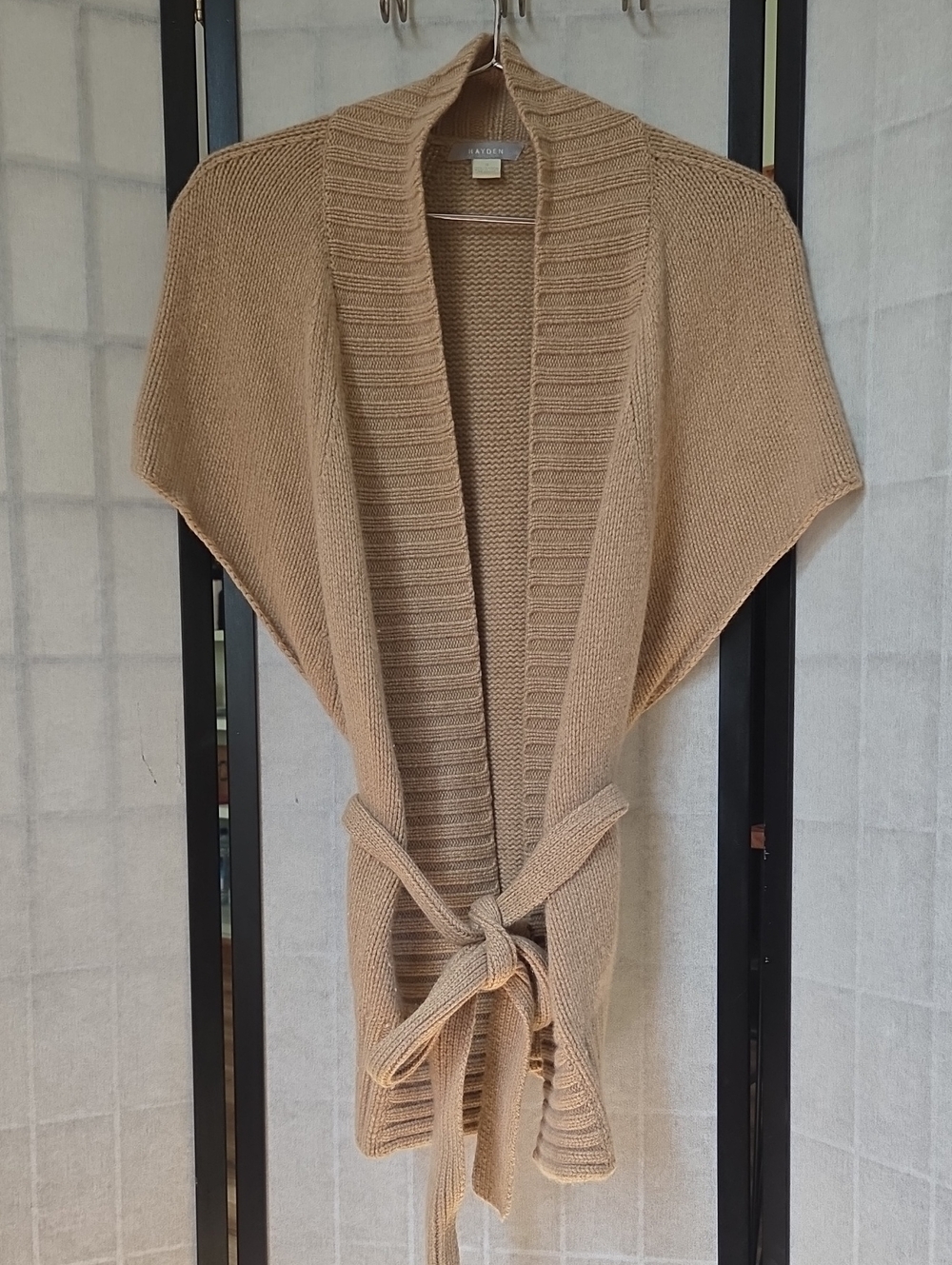 Hayden 100% Cashmere Short Sleeve Belted Wrap Cardigan Sweater Camel Beige